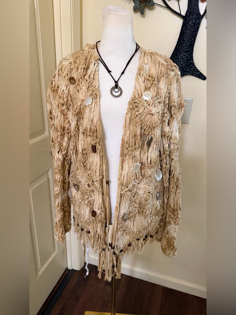 Bohemian  vintage Fringe Shell Accent Cardigan - by Sandy Starkman